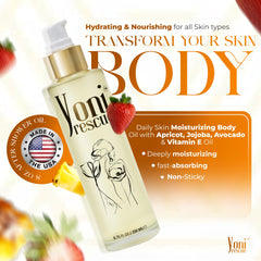 Vanity shot of Yoni Rescue Vanilla Body Oil glows on skin.
