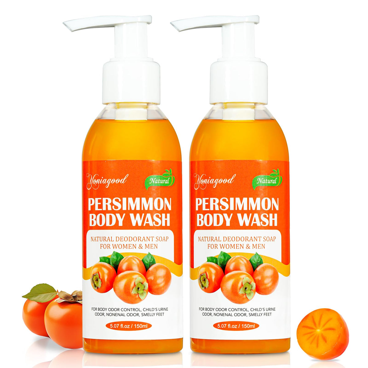 Yoniagood Persimmon Body Wash pack label shows two travel bottles for on-the-go odor control.