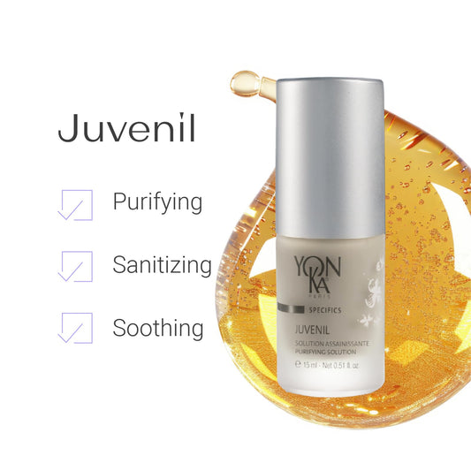 Yon-Ka Juvenil spot treatment application being dabbed on a blemish with calendula calm.