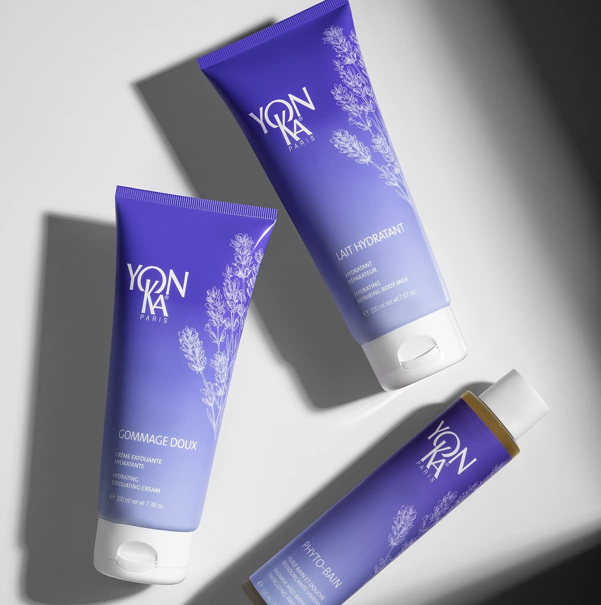 Yon-Ka Lait Hydratant lavender oils close-up highlights calming skincare ritual.