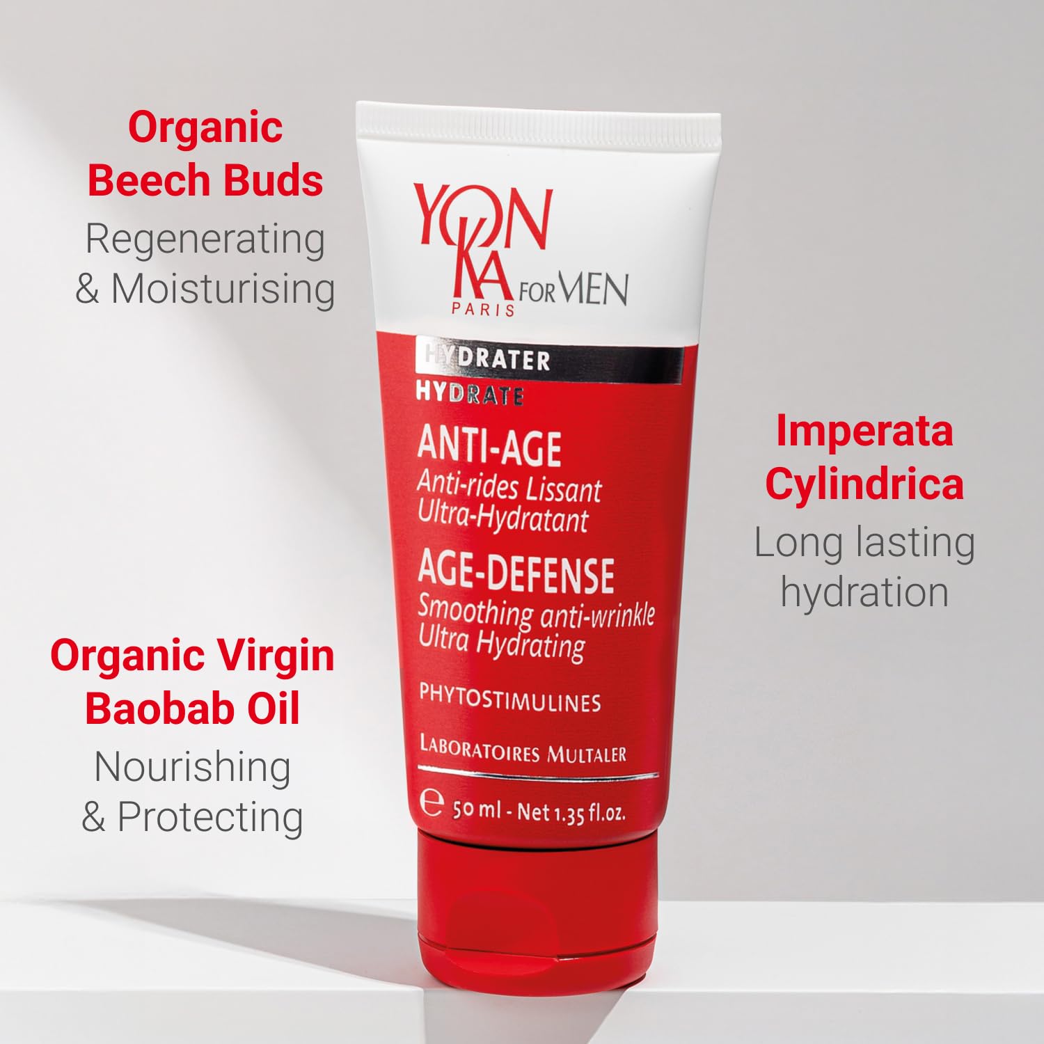 Yon-Ka Mens Age Defense Moisturizer ingredients graphic with antioxidants