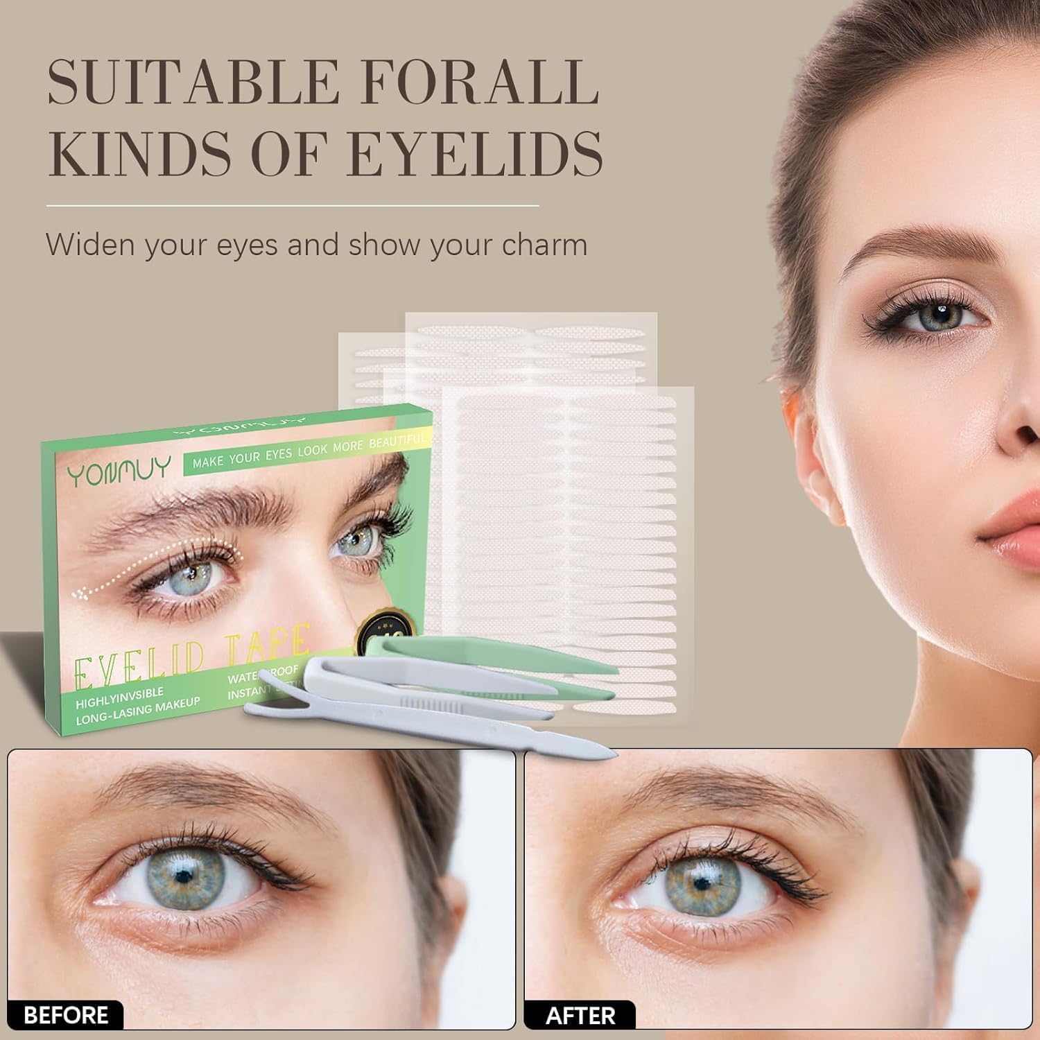 YONMUY daily-use tweezers included with invisible eyelid tape kit.