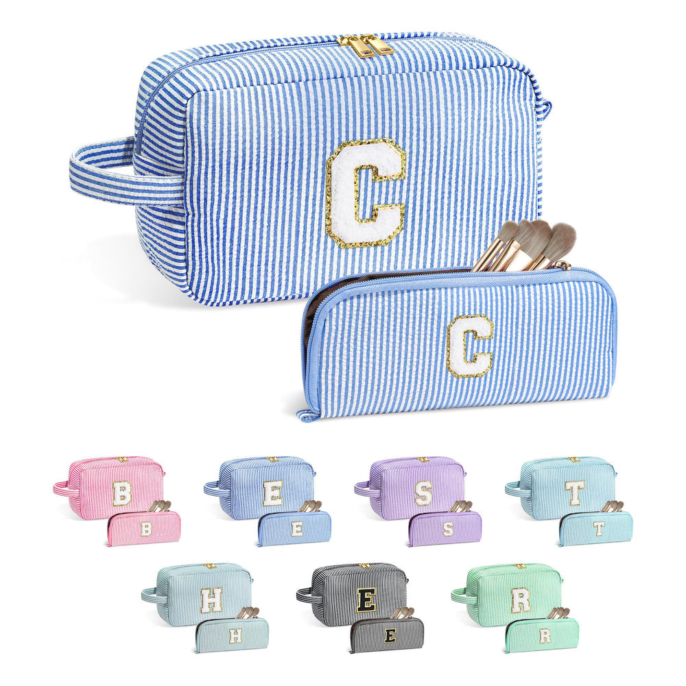 YOOLIFE monogram blue makeup bag front view keeps cosmetics organized