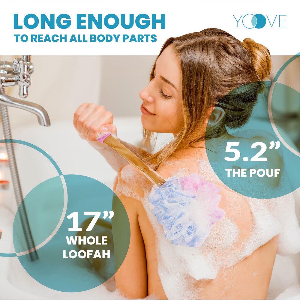 Yoove loofah pouf with hook for hanging and storage
