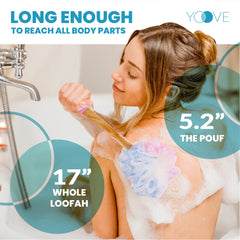 Yoove loofah pouf with hook for hanging and storage