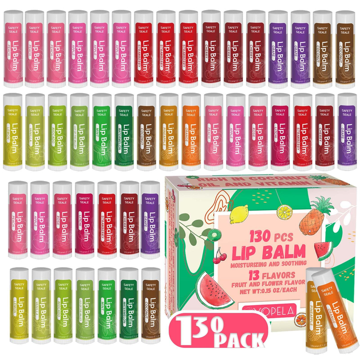 Yopela 130-pack lip balm set with 13 flavors for lasting hydration