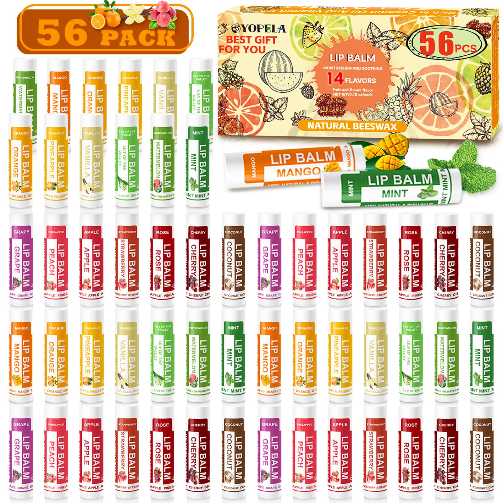 Yopela 56-pack lip balm assortment with assorted flavors for bulk gifting