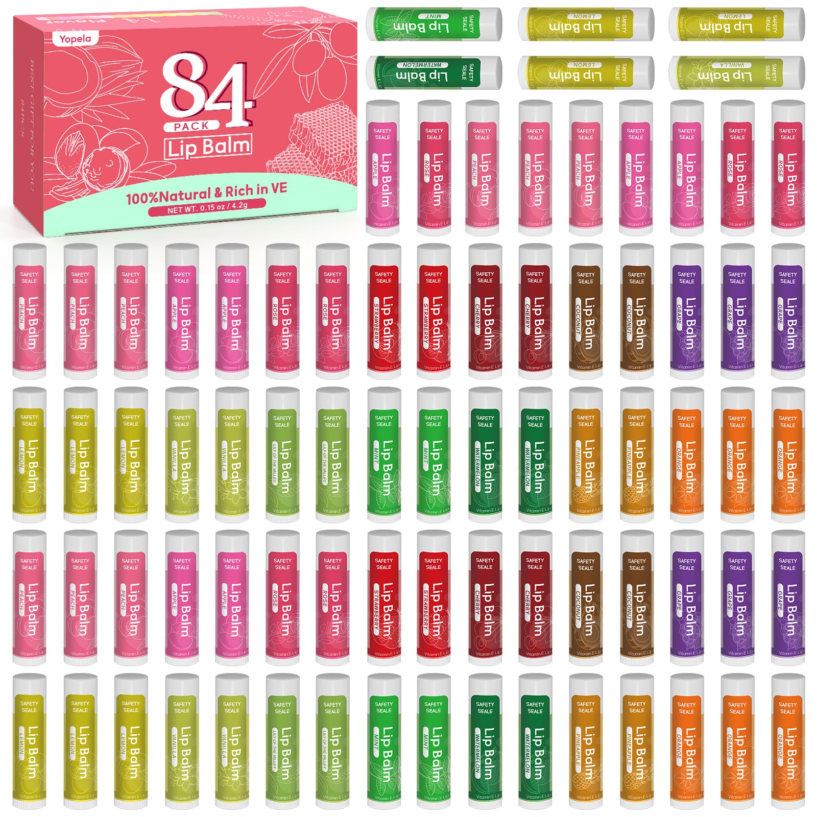 Yopela 84-pack lip balms in bulk packaging front view for easy gifting.