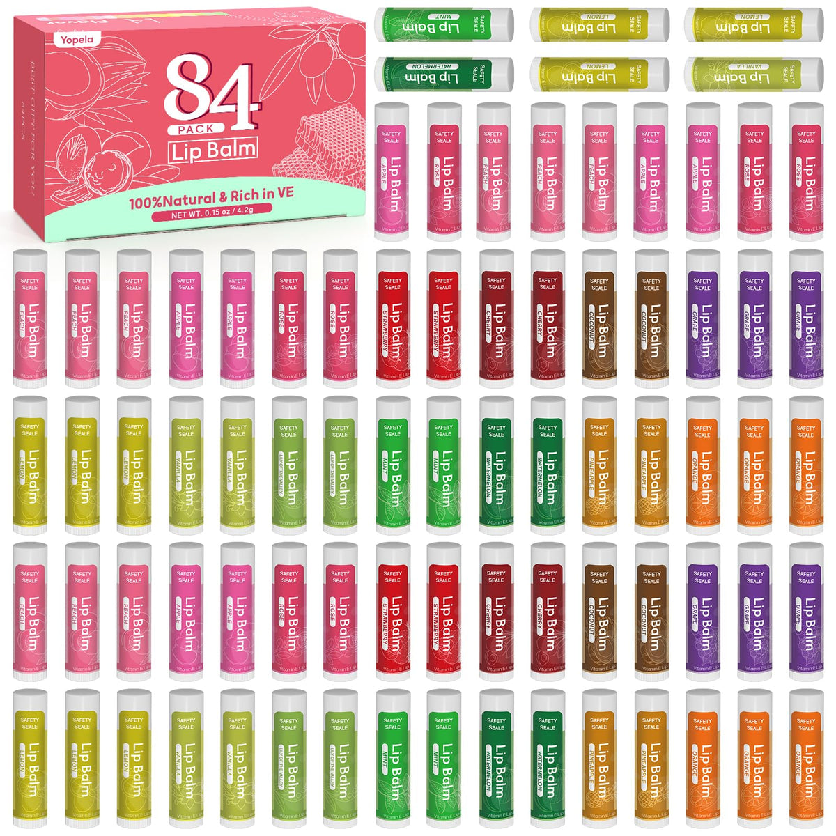 Yopela 84-pack lip balms in bulk packaging front view for easy gifting.