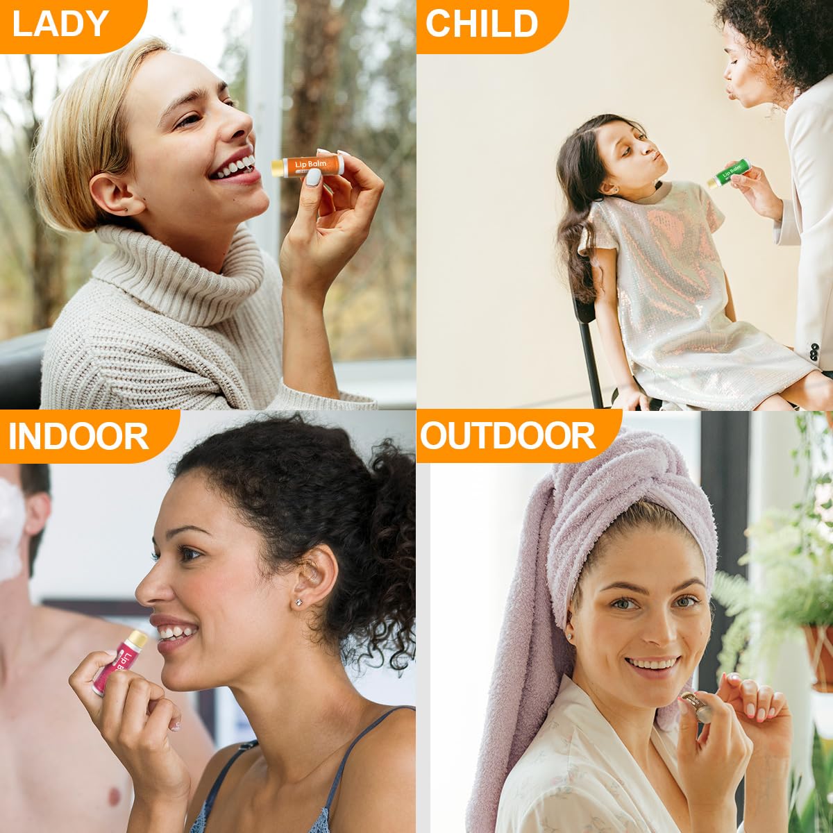 Yopela non-GMO lip balms suitable for sensitive lips and family use.