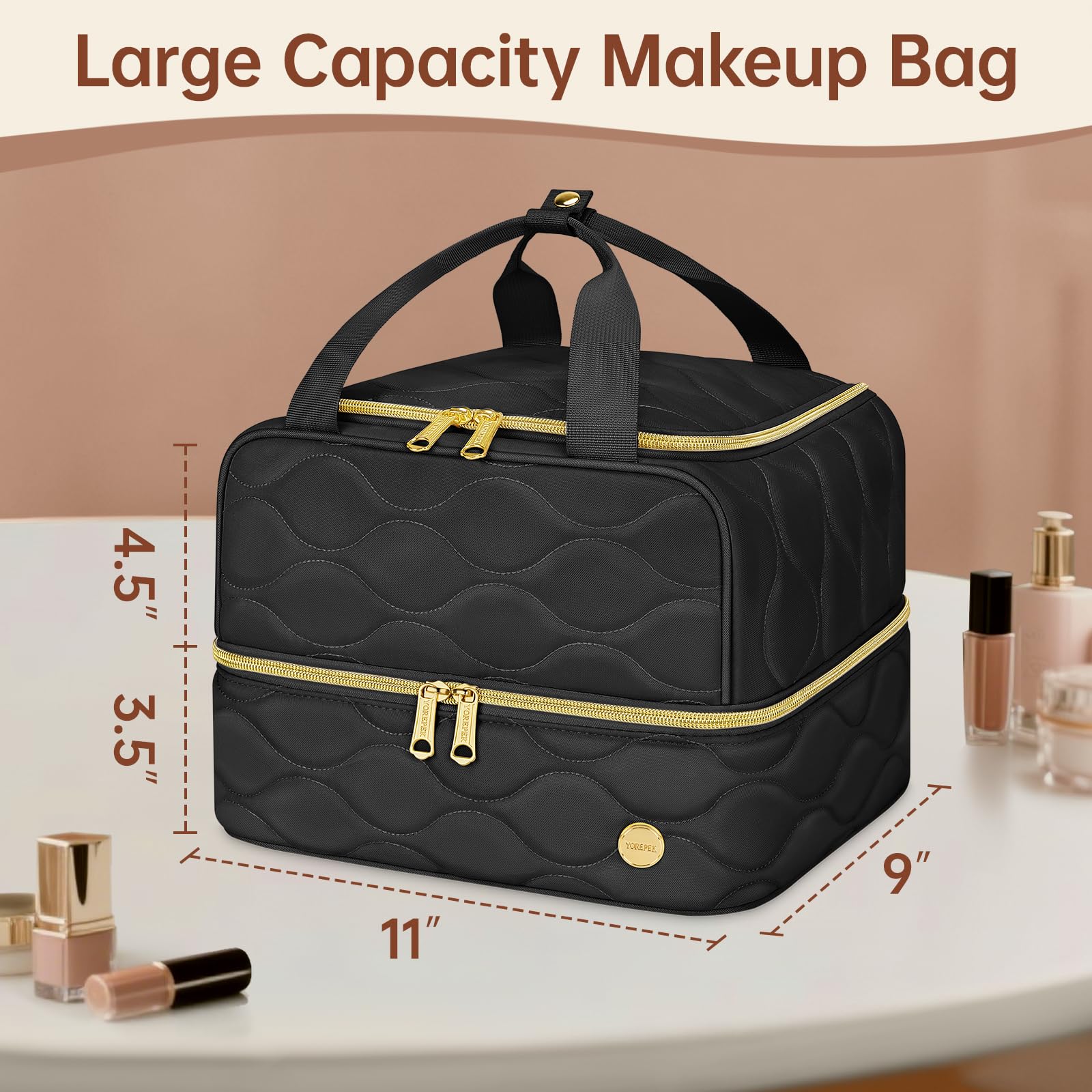 YOREPEK travel makeup organizer bag dual-layer layout keeps items neatly separated and reachable.