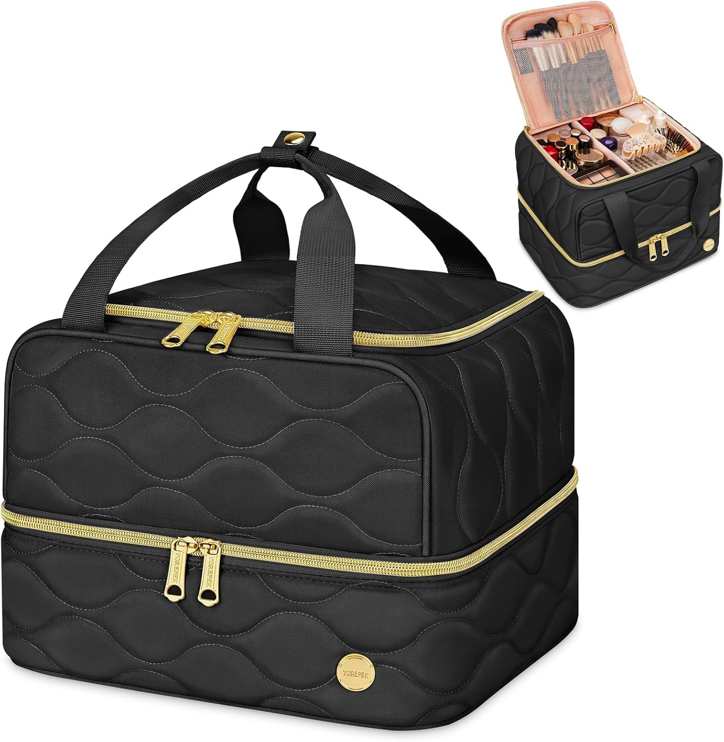 YOREPEK travel makeup organizer bag front view showcasing spacious dual compartments for easy access.