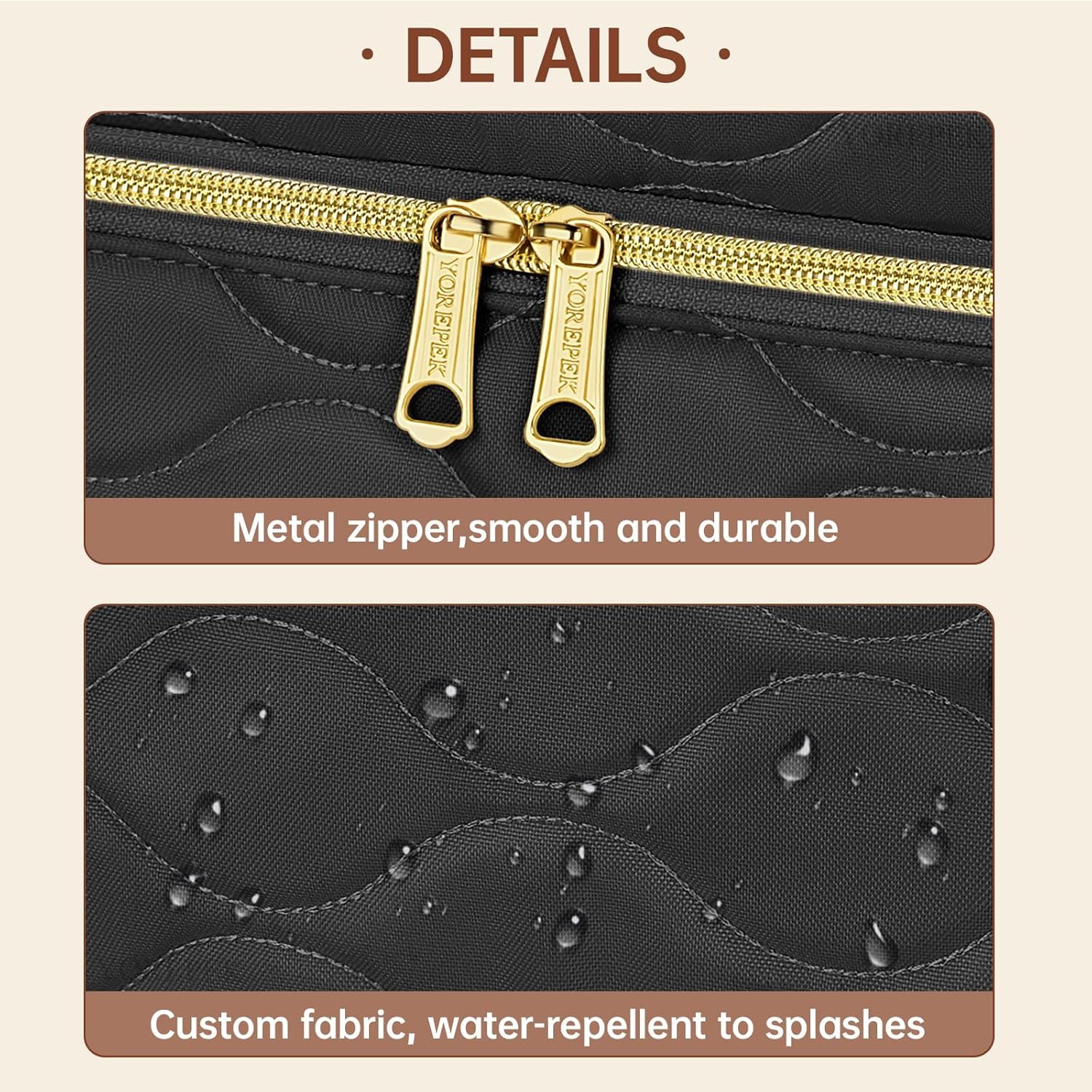 YOREPEK travel makeup organizer bag inner mesh pockets organize brushes and wipes.
