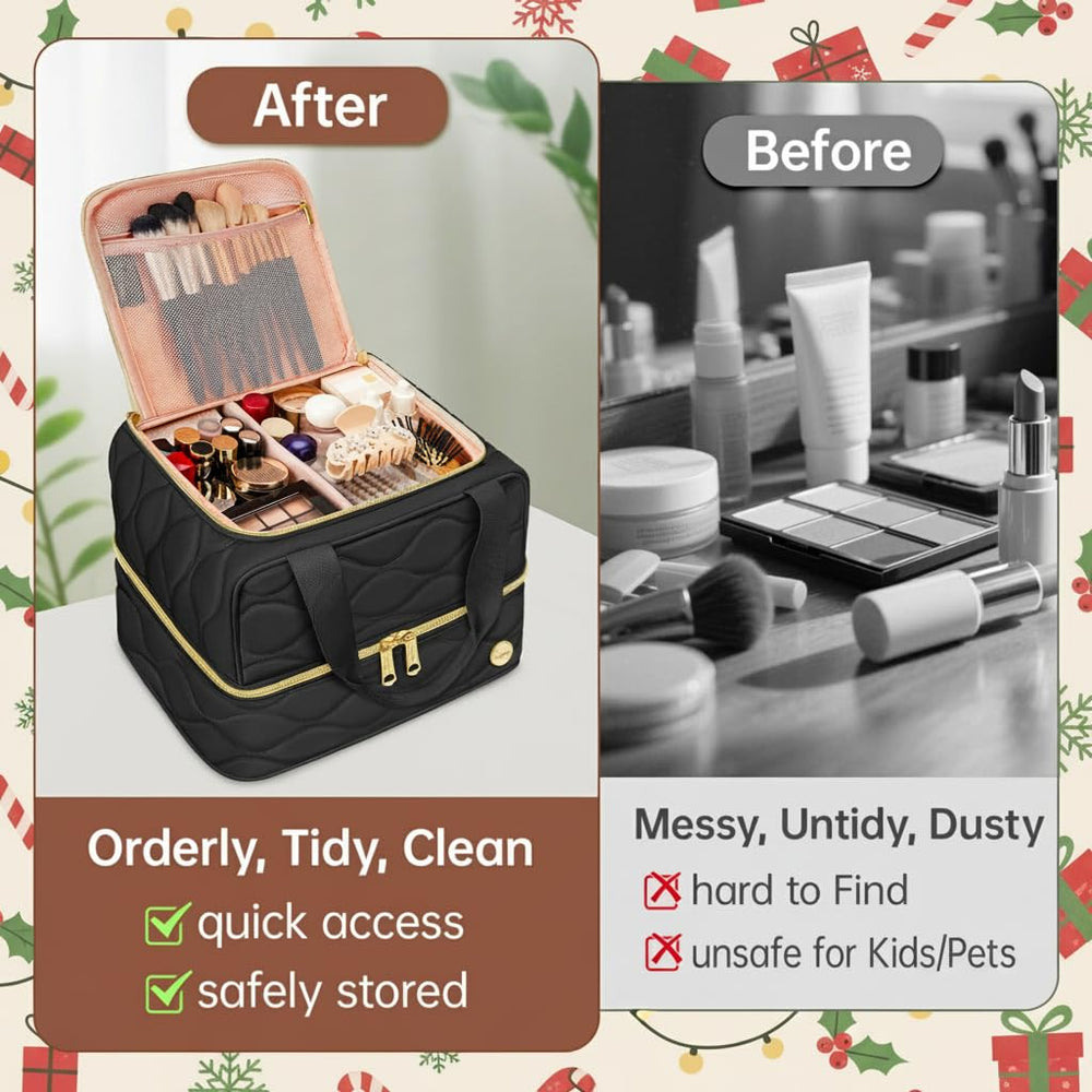 YOREPEK travel makeup organizer bag lower compartment accommodates full-size bottles and sprays.
