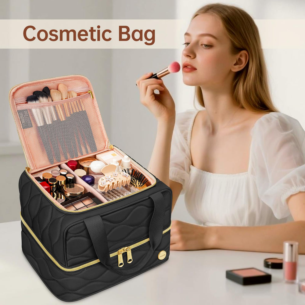 YOREPEK travel makeup organizer bag reinforced handle ensures sturdy carry.