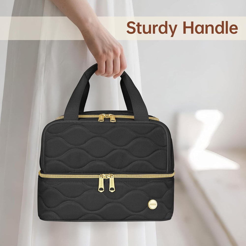 YOREPEK travel makeup organizer bag water-resistant fabric protects contents on trips.