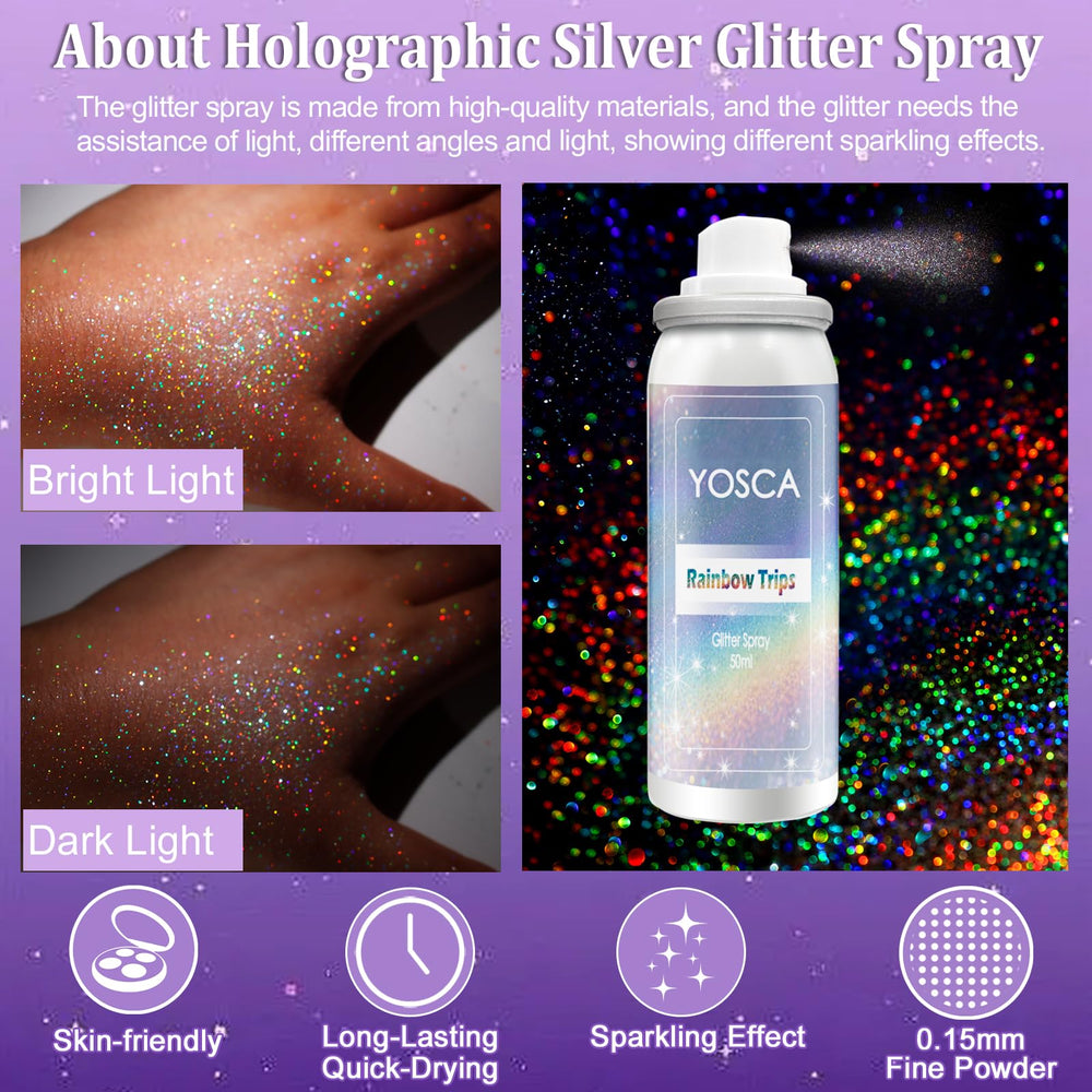 Yosca body glitter spray in silver adds shimmering skin sparkle.
