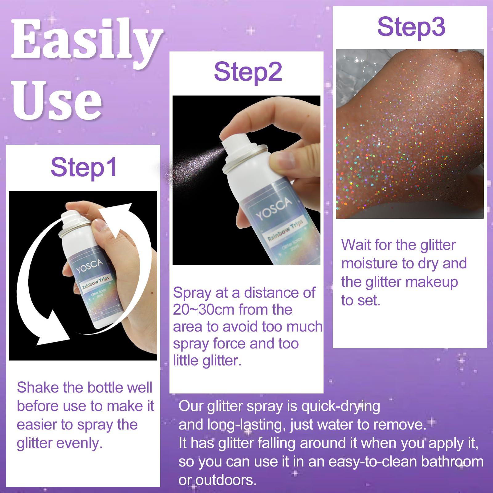 Yosca cruelty-free glitter particles keep shimmer long-lasting.