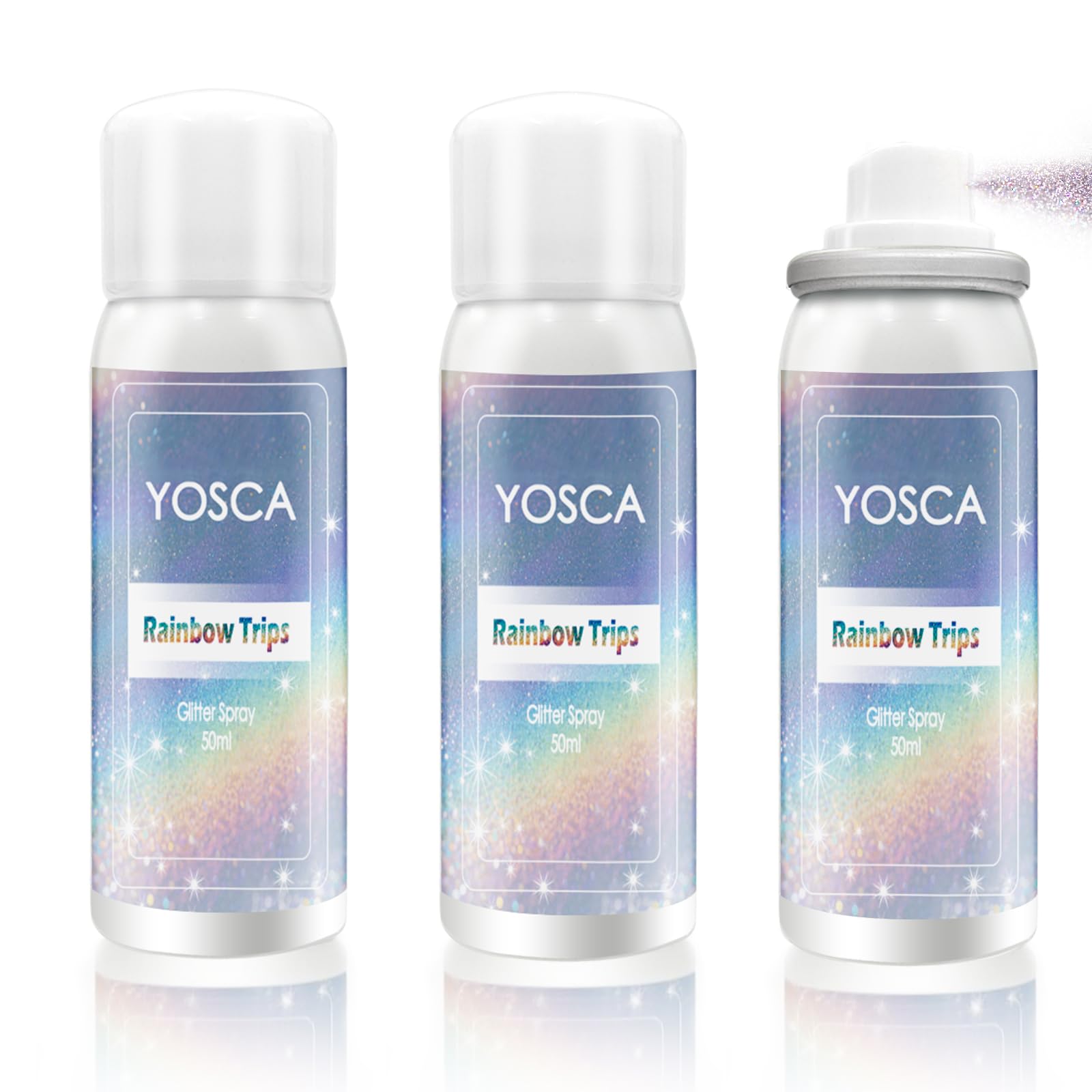 Yosca glitter spray 3-pack bottles provide portable sparkle for festivals.