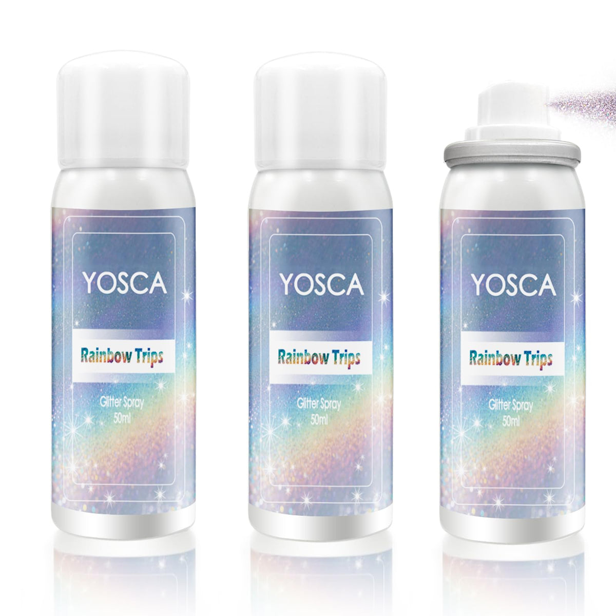 Yosca glitter spray 3-pack bottles provide portable sparkle for festivals.
