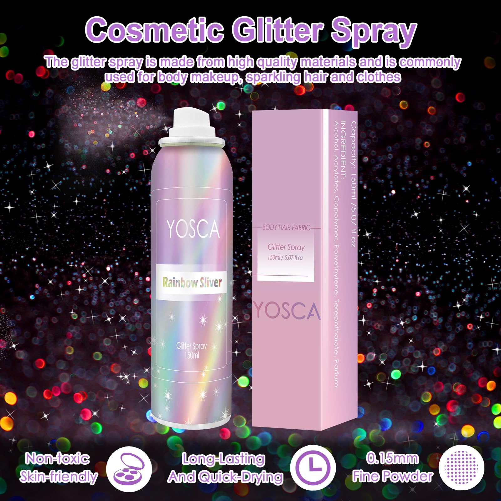 Yosca Glitter Spray applied on arm for skin-friendly sparkle.