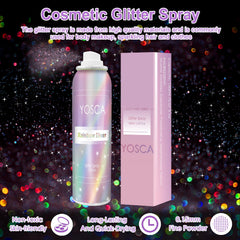 Yosca Glitter Spray applied on arm for skin-friendly sparkle.