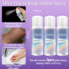 Yosca glitter spray on skin offers versatile body glow.