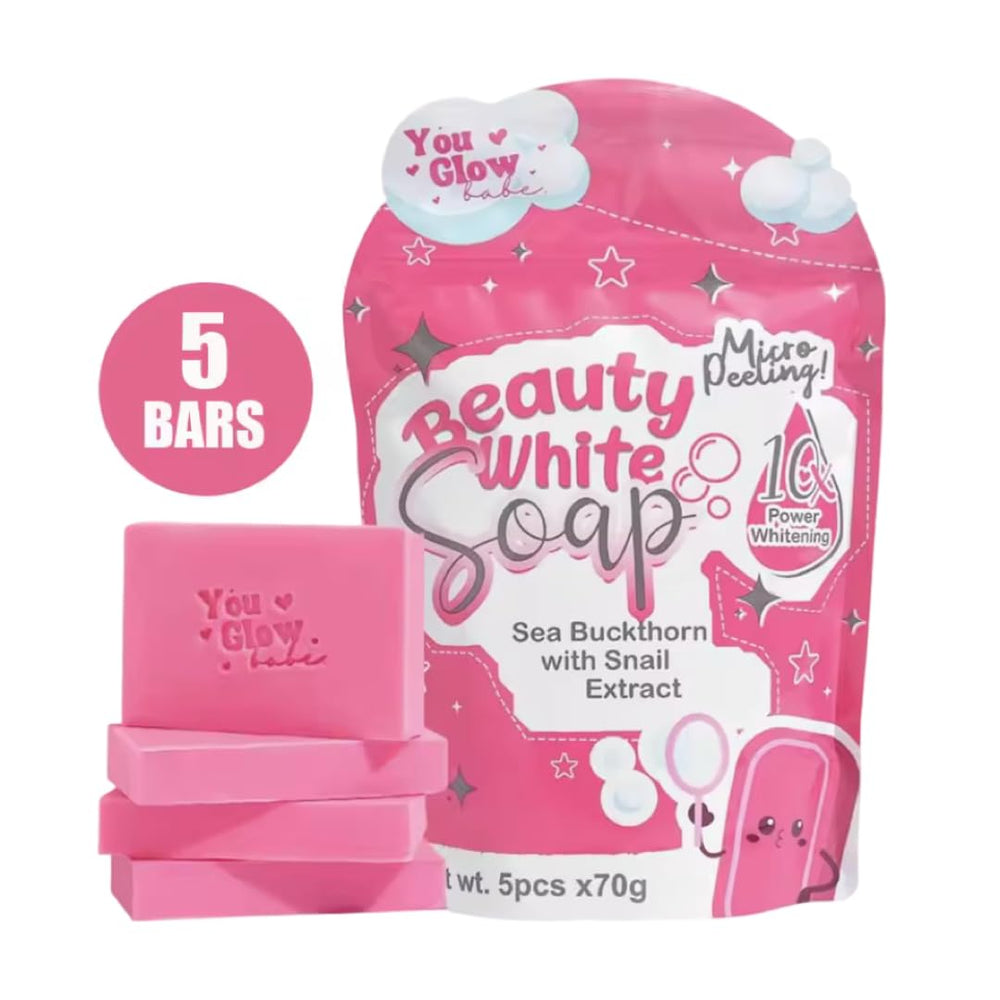 You Glow Babe Beauty White Soap bars closeup with sea buckthorn and snail extract.
