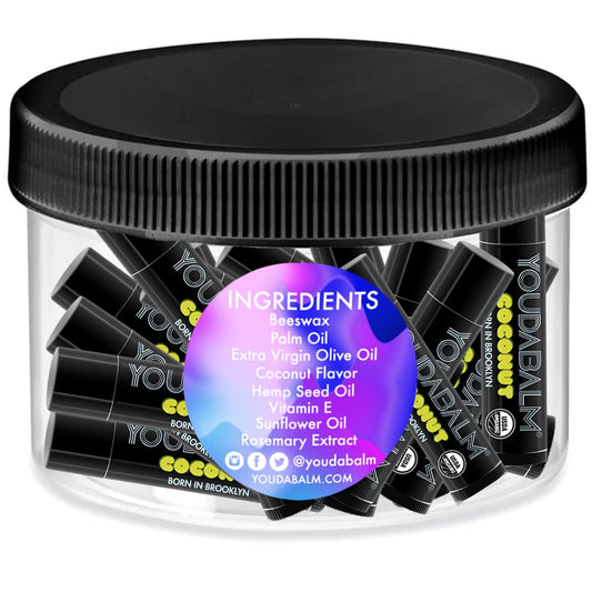 You Da Balm 24-tube jar packaging highlighting generous lip care supply at home