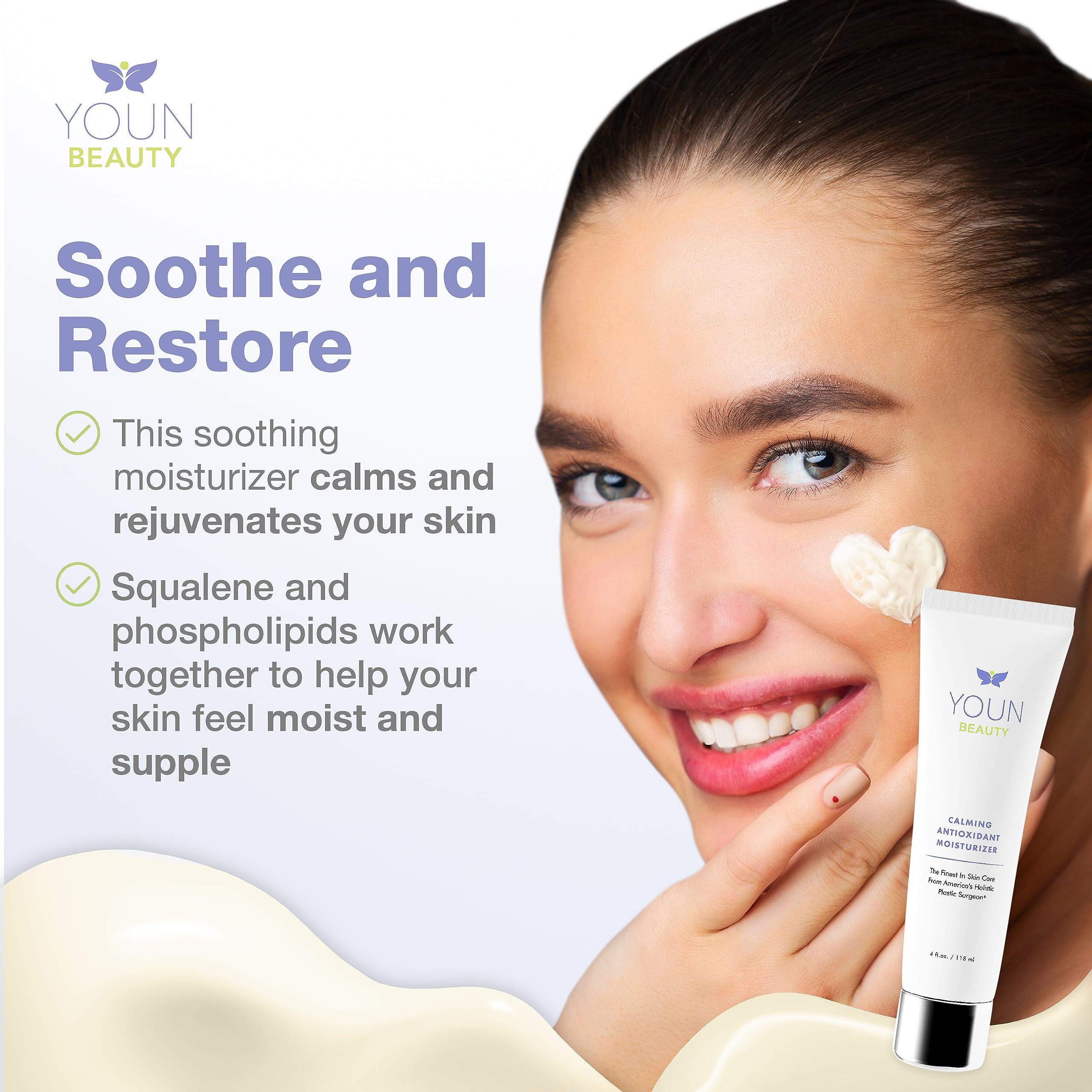 YOUN Beauty Calming Antioxidant Moisturizer highlighting CoQ10 and Vitamin C ingredients for antioxidant support.
