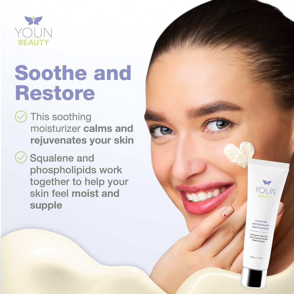 YOUN Beauty Calming Antioxidant Moisturizer highlighting CoQ10 and Vitamin C ingredients for antioxidant support.