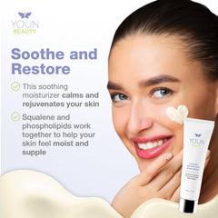 YOUN Beauty Calming Antioxidant Moisturizer highlighting CoQ10 and Vitamin C ingredients for antioxidant support.