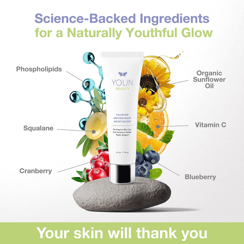 YOUN Beauty Calming Antioxidant Moisturizer bottle beside a clean face for everyday hydration.