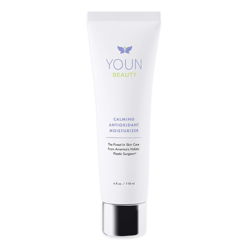 YOUN Beauty Calming Antioxidant Moisturizer jar closeup showing creamy, soothing texture for daily care.