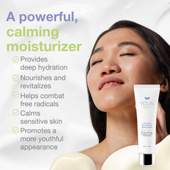 YOUN Beauty Calming Antioxidant Moisturizer packaging with sunflowers and grapeseed imagery.