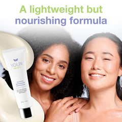 YOUN Beauty Calming Antioxidant Moisturizer closeup showing creamy texture with subtle luminosity.