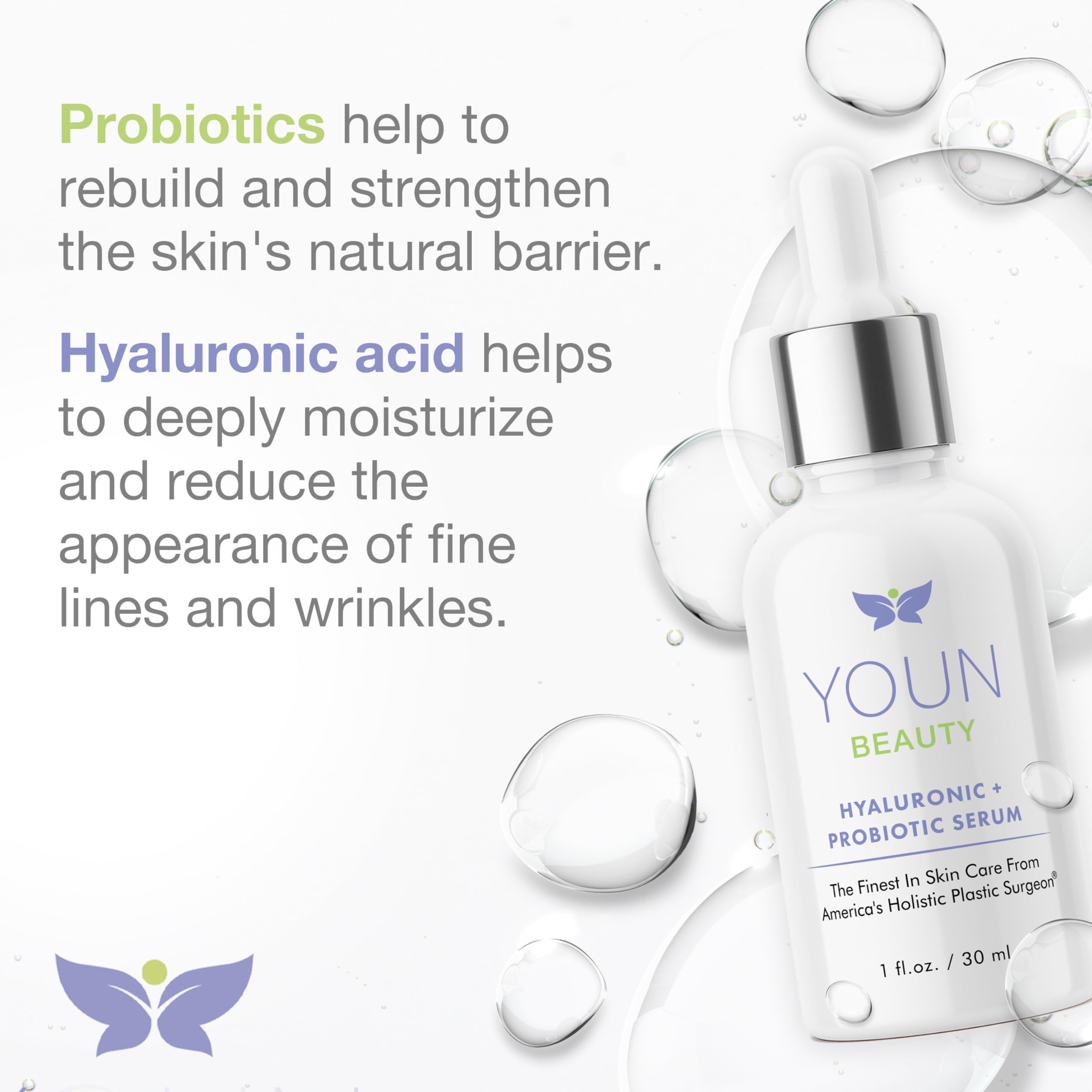Label highlights plant-based hyaluronic acid and yogurt probiotics.