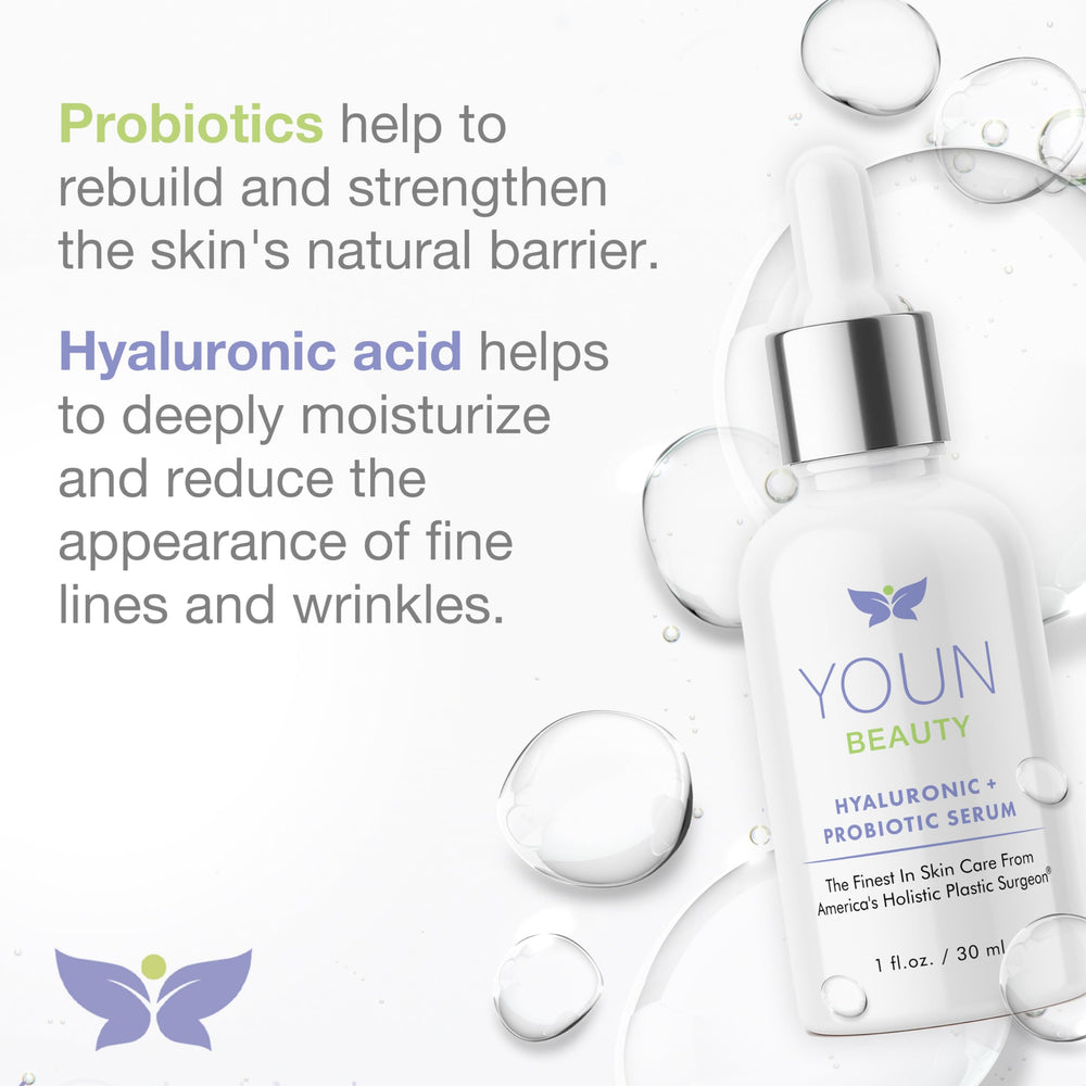 Label highlights plant-based hyaluronic acid and yogurt probiotics.