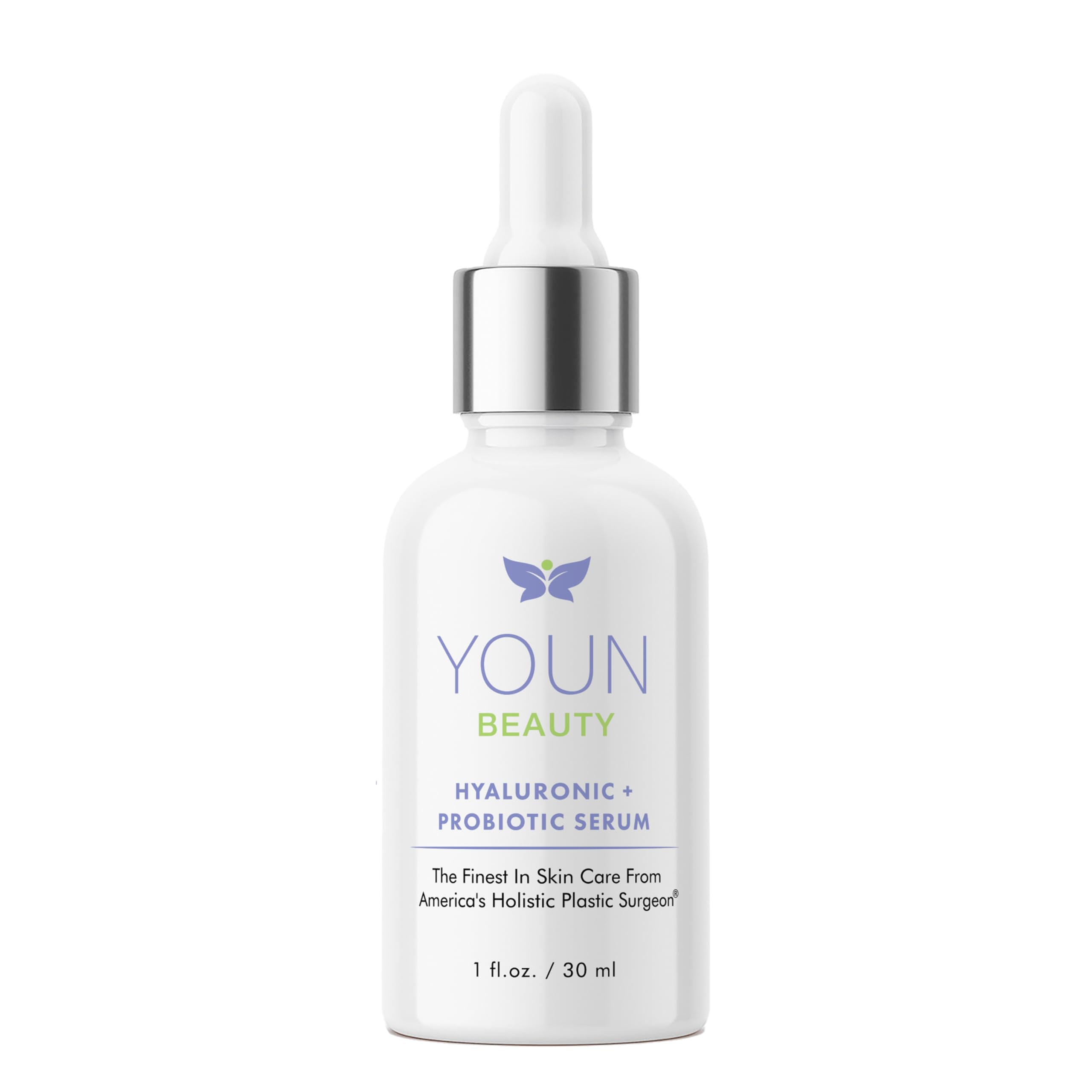 YOUN Beauty Probiotic + Hyaluronic Serum bottle close-up, hydration-ready.