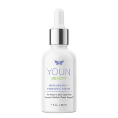 YOUN Beauty Probiotic + Hyaluronic Serum bottle close-up, hydration-ready.