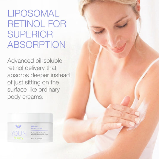 YOUN Beauty Retinol Body Creme pump demonstrates easy, quick application