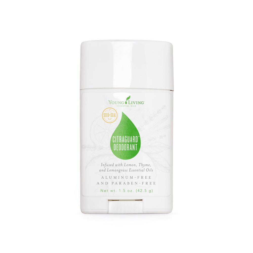 Young Living CitraGuard deodorant packaging close-up highlighting natural ingredients and eco-friendly design.