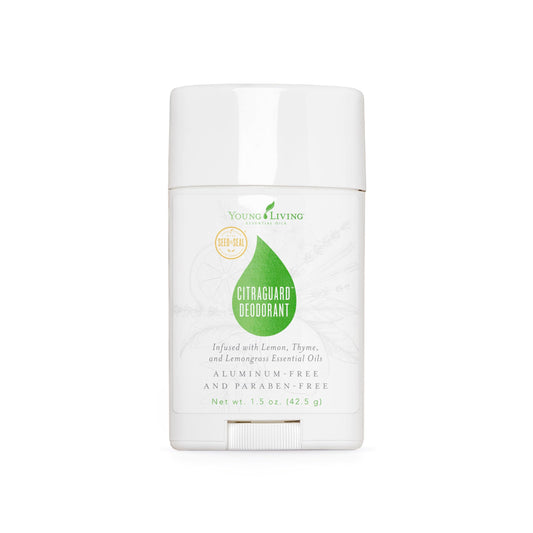 Young Living CitraGuard deodorant packaging close-up highlighting natural ingredients and eco-friendly design.