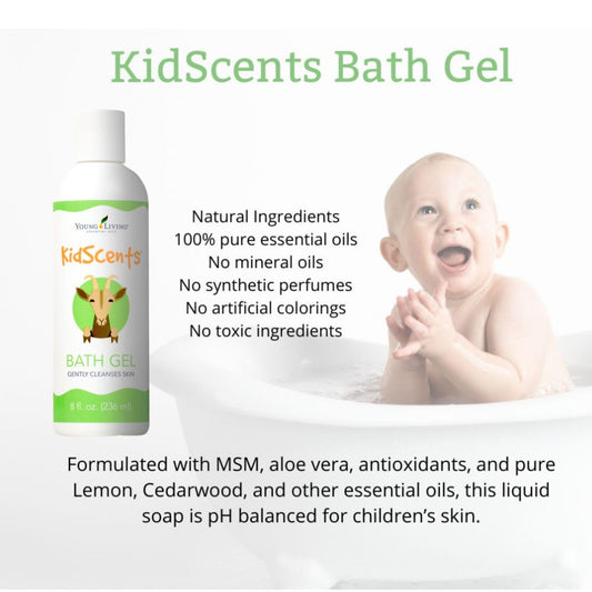 Young Living KidScents Bath Gel bottle pour highlights tear-free bath time