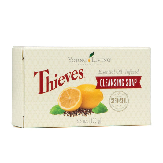 Young Living Thieves cleansing soap label highlights premium essential oil blend for daily cleansing.