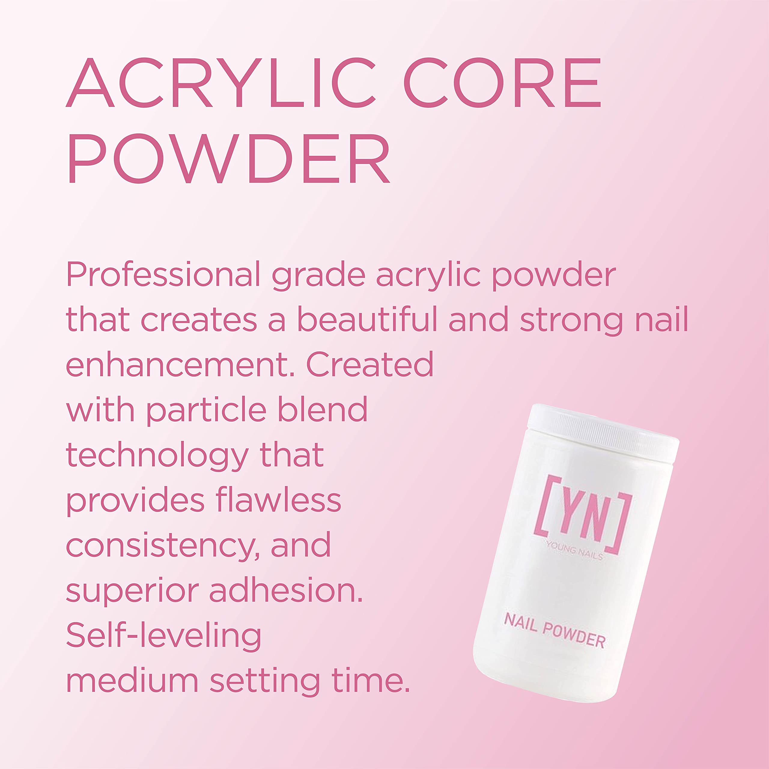 Young Nails Acrylic Core Powder xxx White swatches show natural to pink tones for versatile designs.