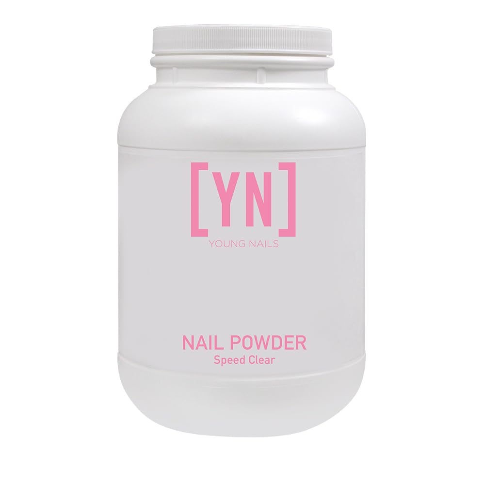 Young Nails Acrylic Speed Powder bottle closeup highlighting self-leveling, professional-grade formula.