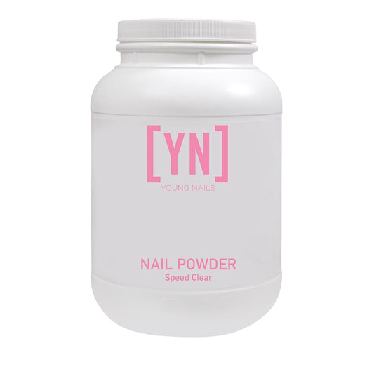 Young Nails Acrylic Speed Powder bottle closeup highlighting self-leveling, professional-grade formula.