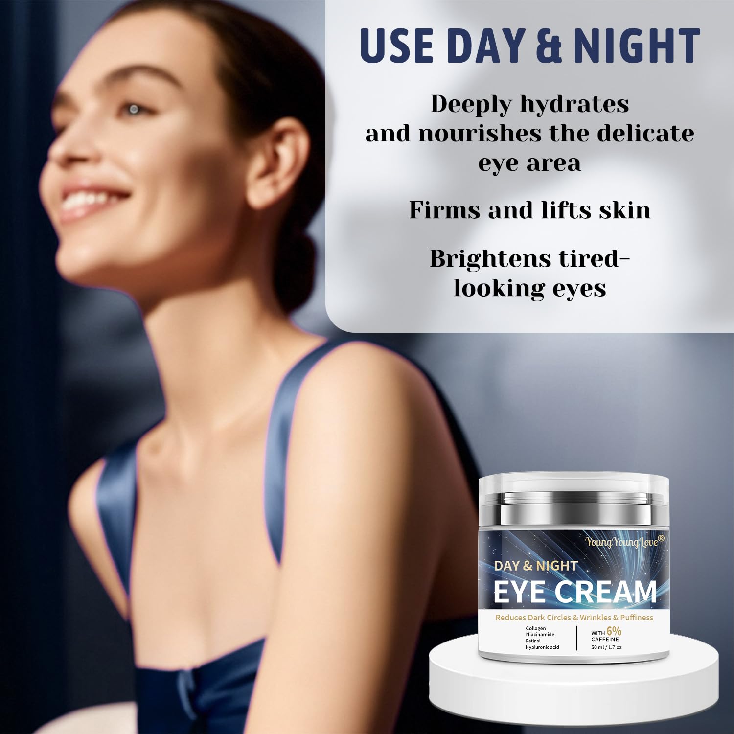 YOUNGYOUNGLOVE ingredients list featuring caffeine, retinol, niacinamide for eye area care.