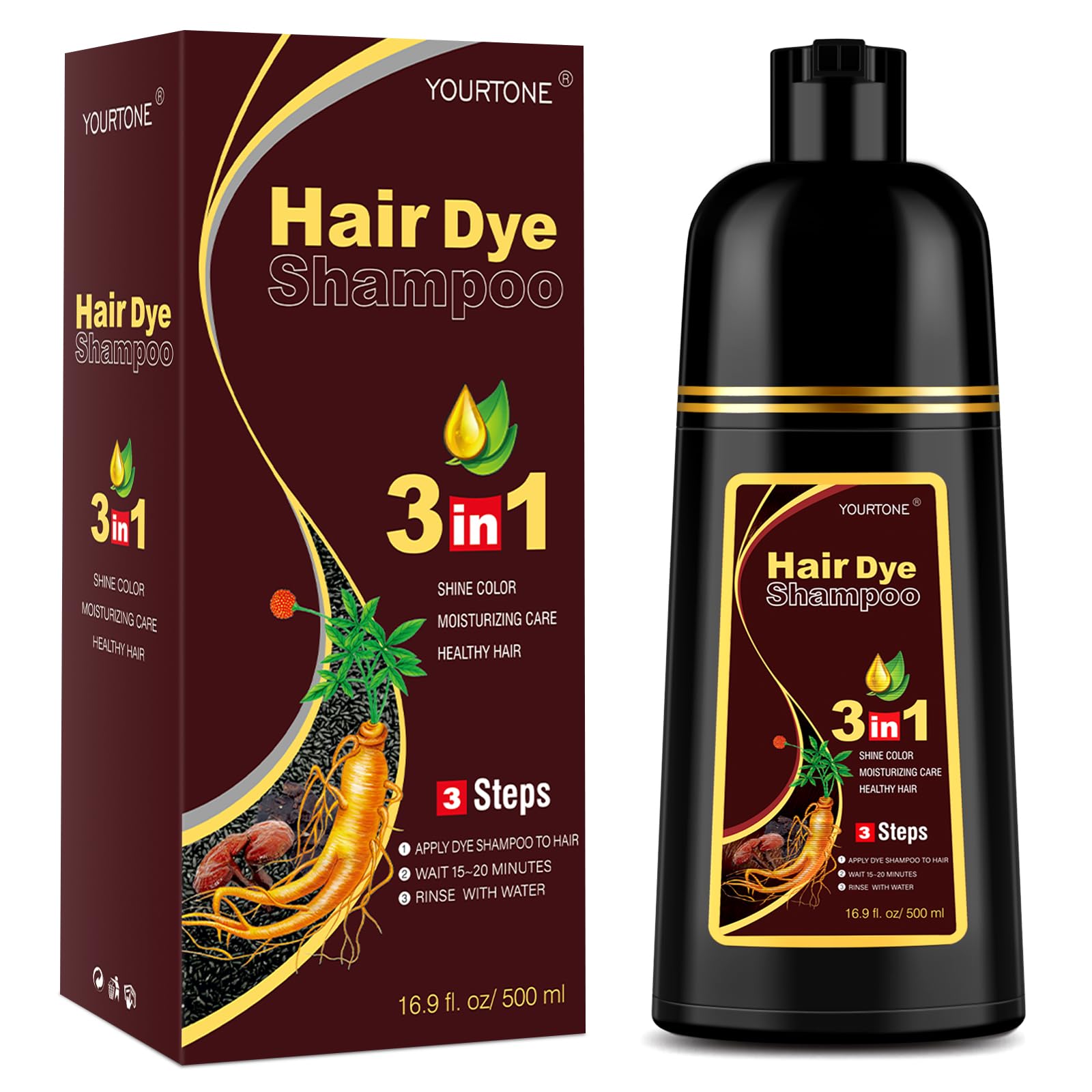 YOURTONE Chestnut Brown Hair Dye Shampoo bottle showing 3-in-1 formula for easy use